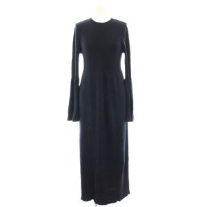 Wリブニットワンピース ミモレ ロング 長袖 ウール フレアスリーブ 38 紺 ネイビー 1526-105-3613