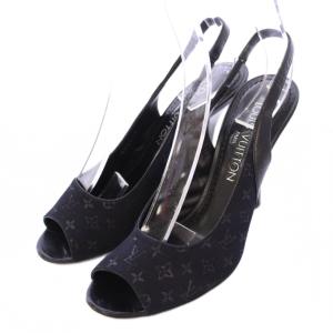 ストラップサンダル ラウンドトゥ ハイヒール ロゴ モノグラム レザー 切替 36 黒 ブラック /BB