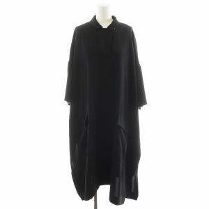 シャツワンピース 5分袖 ロング丈 スリット 黒 ブラック /AN27