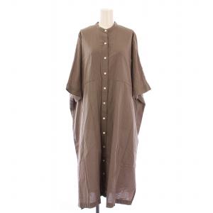 シャツワンピース ミモレ ロング フレンチスリーブ 半袖 バンドカラー 無地 F 茶 ブラウン /BB