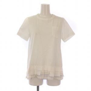 カットソー 半袖 クルーネック プリーツ レース 切替 ストレッチ 1 白 ホワイト /BB