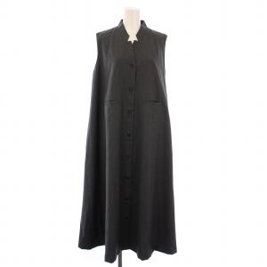 フレアワンピース ミモレ ロング ノースリーブ スキッパー 無地 ウール F グレー /BB