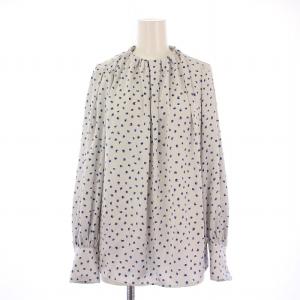 23SS マーブルドットプリントビルドネックブラウス シャツ プルオーバー 長袖 ギャザー 総柄 サテン