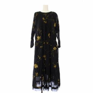 別注アンティークフラワープリントワンピース ロング 花柄 長袖 36 黒 黄 KA-1707 /TK