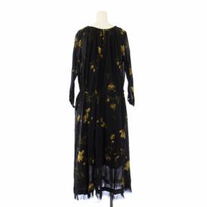 pas de calais 別注アンティークフラワープリントワンピース ロング 花柄 長袖 36 黒 黄 KA-1707 /TK