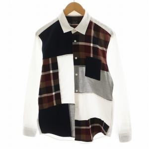 シャツ 長袖 チェック柄 切替 コットン L 白 ホワイト 茶 ブラウン 紺 ネイビー 赤 レッド 51M03-202-02