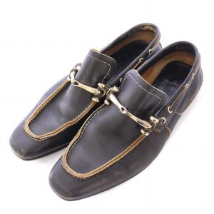 ローカットシューズ スリッポン スクエアトゥ ローヒール レザー ホースビット 39.5 黒 ブラック