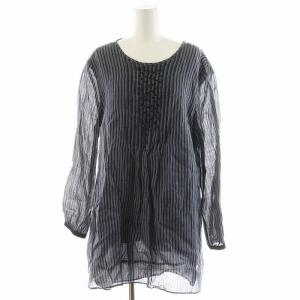 シャツ ブラウス 長袖 ストライプ ビーズ装飾 リボン コットン 46 紺 ネイビー 919107826