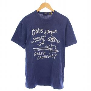 CLASSIC FIT エンブロイダリーTシャツ 半袖 クルーネック ストレッチ 刺繍 ロゴ S 青 ブルー