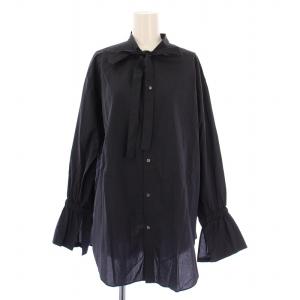 24AW コットンロングタイシャツ ブラウス 長袖 ボウタイ 無地 リボン 袖フリル F 黒 ブラック