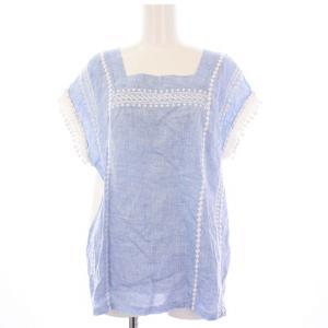 ブラウス カットソー プルオーバー 半袖 刺繍 切替 M 青 白 594120816750 /KH