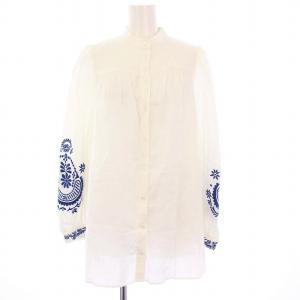 バンドカラーシャツ ブラウス 長袖 刺繍 リネン J42 ホワイト 24151110826 /KH