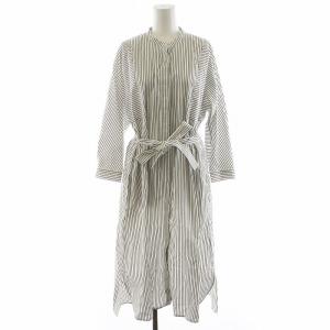 シャツワンピース ロング丈 ストライプ柄 長袖 バンドカラー コットン 42 白 ホワイト 紺 ネイビー