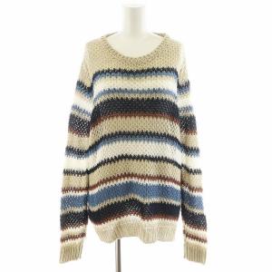 ニット セーター 長袖 ボーダー柄 リネン 麻 L マルチカラー ベージュ 茶 ブラウン 水色 ライトブルー