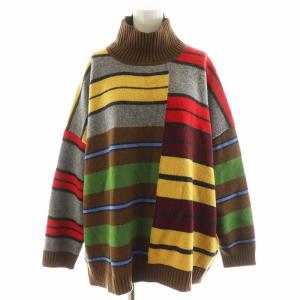 ニット セーター 長袖 ボーダー柄 タートルネック ウール L マルチカラー グレー 赤 レッド 茶 ブラウン