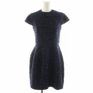 ミックスツイードバルーンワンピース ひざ丈 半袖 36 紺 ネイビー YCD-519-439 /AN37