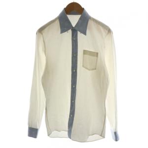 シャツ 長袖 スカル柄 刺繍 コットン M 白 ホワイト 水色 ライトブルー /AN37