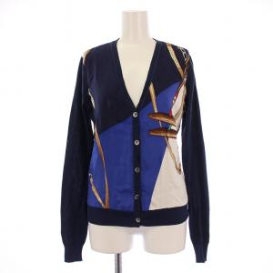 ニット カーディガン 長袖 Vネック 切替 柄 シルク M ネイビー /BM