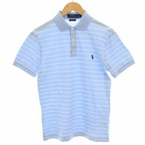 SLIM FIT STRETCH MESH ポロシャツ カットソー 半袖 ボーダー M 水色 ライトブルー