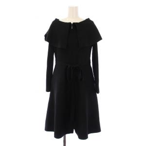 ニット ワンピース ひざ丈 長袖 フロントジップ ビックカラー ウール 40 黒 W5F01-605-09