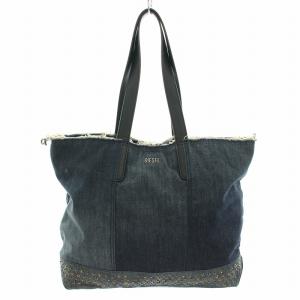 デニムトートバッグ レザー スタッズ インディゴ 黒 ブラック /YT