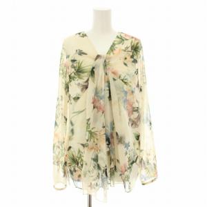 シアーフラワープリントブラウス シャツ 長袖 花柄 インナーキャミソール付き 40 ベージュ 緑 グリーン