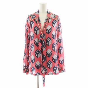 ブラウス キューブ柄 パール装飾 リボン シルク 36 ピンク 472123