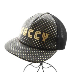 × セガ SEGA GUCCYロゴ キャップ 帽子 総柄 スター 星 レザー M 58 ゴールド色 黒