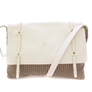 ショルダーバッグ レザー 切替 ロゴ 型押し ストライプ柄 白 ホワイト 茶 ブラウン /BB