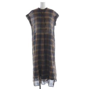 ワンピース マキシ ロング チェック シアー シースルー ペチコート付き 半袖 M カーキ オレンジ 077-0240719