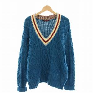 23AW ウールハンドケーブルVネックプルオーバー カシミヤ混 M ブルー