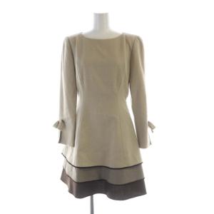 ワンピース ひざ丈 フリル リボン 長袖 9 ベージュ 茶 ブラウン 6-R-21577 /RO