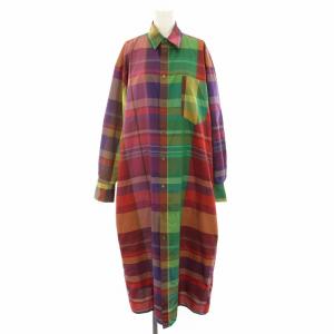 ビー .B 22SS シャツワンピース ロング 長袖 チェック柄 絹 シルク F 赤 レッド 紫 パープル