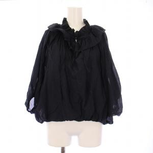 コットンシルクラッフルカラーブラウス シャツ 五分袖 フリル リボン 36 紺 ネイビー 14-01-22-01504