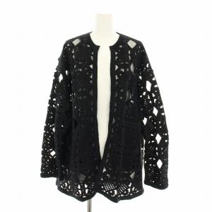 スクエアモチーフエンブロイダリーノーカラージャケット アウター 前開きトッパー ショート丈 刺繍 36