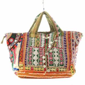 トートバッグ ハンドバッグ 刺繍 装飾 マルチカラー オレンジ 赤 レッド 茶 ブラウン 緑 グリーン