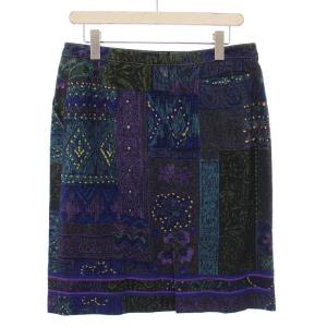 LEONARD FASHION タイトスカート ひざ丈 総柄 シルク 73-97 紺 ネイビー マルチカラー /BB
