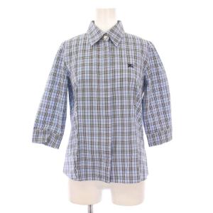 シャツ ブラウス レギュラーカラー 七分袖 ノバチェック ロゴ 刺繍 38 水色 ライトブルー 黒 ブラック