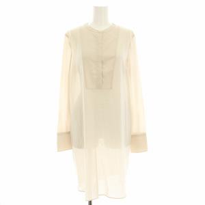 ロングシャツ ブラウス バンドカラー 長袖 チュニック丈 シアー 絹 シルク M ベージュ /YT