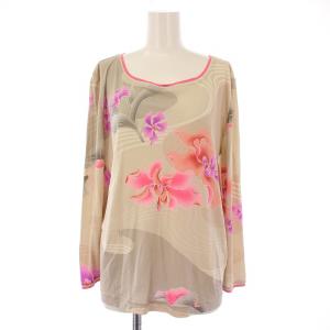 カットソー 長袖 クルーネック ストレッチ 花柄 総柄 シルク 42 ベージュ マルチカラー /BB