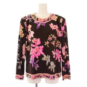 FASHION カットソー 長袖 クルーネック ストレッチ 花柄 ウール シルク混 LL ピンク 茶 ブラウン