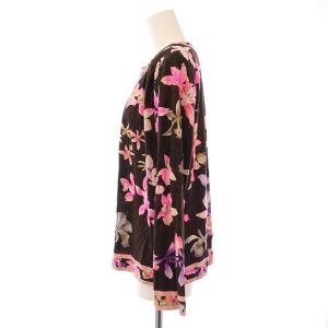 LEONARD FASHION カットソー 長袖 クルーネック ストレッチ 花柄 ウール シルク混 LL ピンク 茶 ブラウン
