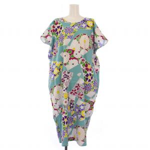 京型友禅 坂尾織物 ワンピース ひざ丈 半袖 フレンチスリーブ クルーネック 花柄 総柄 F 水色 ライトブルー