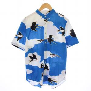 京型友禅 坂尾織物 カジュアルシャツ 半袖 バンドカラー つばめ柄 総柄 L 青 ブルー /BB