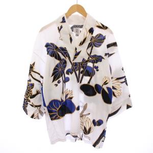 GIBAO FU-BI 京型友禅 シャツ ブラウス 七分袖 プルオーバー Vネック 総柄 L 白 ホワイト