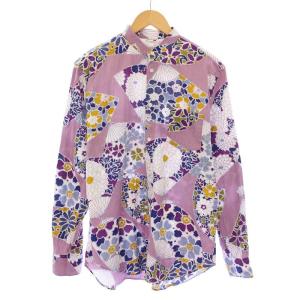 京型友禅 シャツ ブラウス 長袖 バンドカラー 花柄 総柄 L 紫 パープル /BB