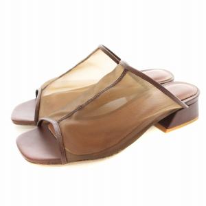 シアーパイピングサンダル スクエアトゥ シースルー チャンキーヒール 38 茶 ブラウン 12011013