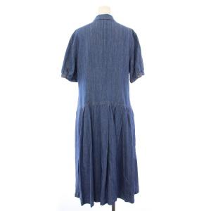 mademoiselle NON NON デニムワンピース フレア プリーツ ミモレ ロング 半袖 レギュラーカラー 麻 リネン混 L 青 ブルー