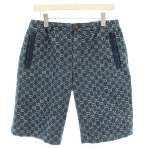 GGジャカードレザー切替デニム ハーフパンツ 46 ブルー