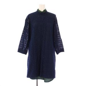 ワンピース ひざ丈 長袖 スタンドカラー 刺繍 2 紺 ネイビー 緑 グリーン /BB